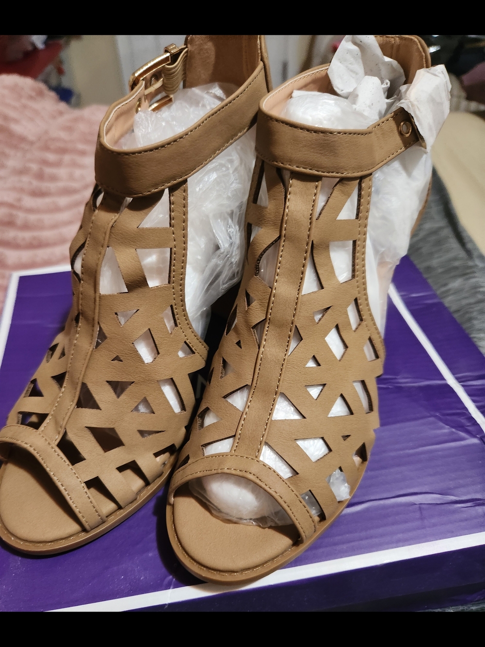 TOP Moda Tan Laser-Cut Peep-Toe Ankle Sandals